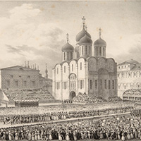 Вид церемонии коронации Николая I в Кремле. 
Л. Куртен, В. Адам. 
Литография. 1828
